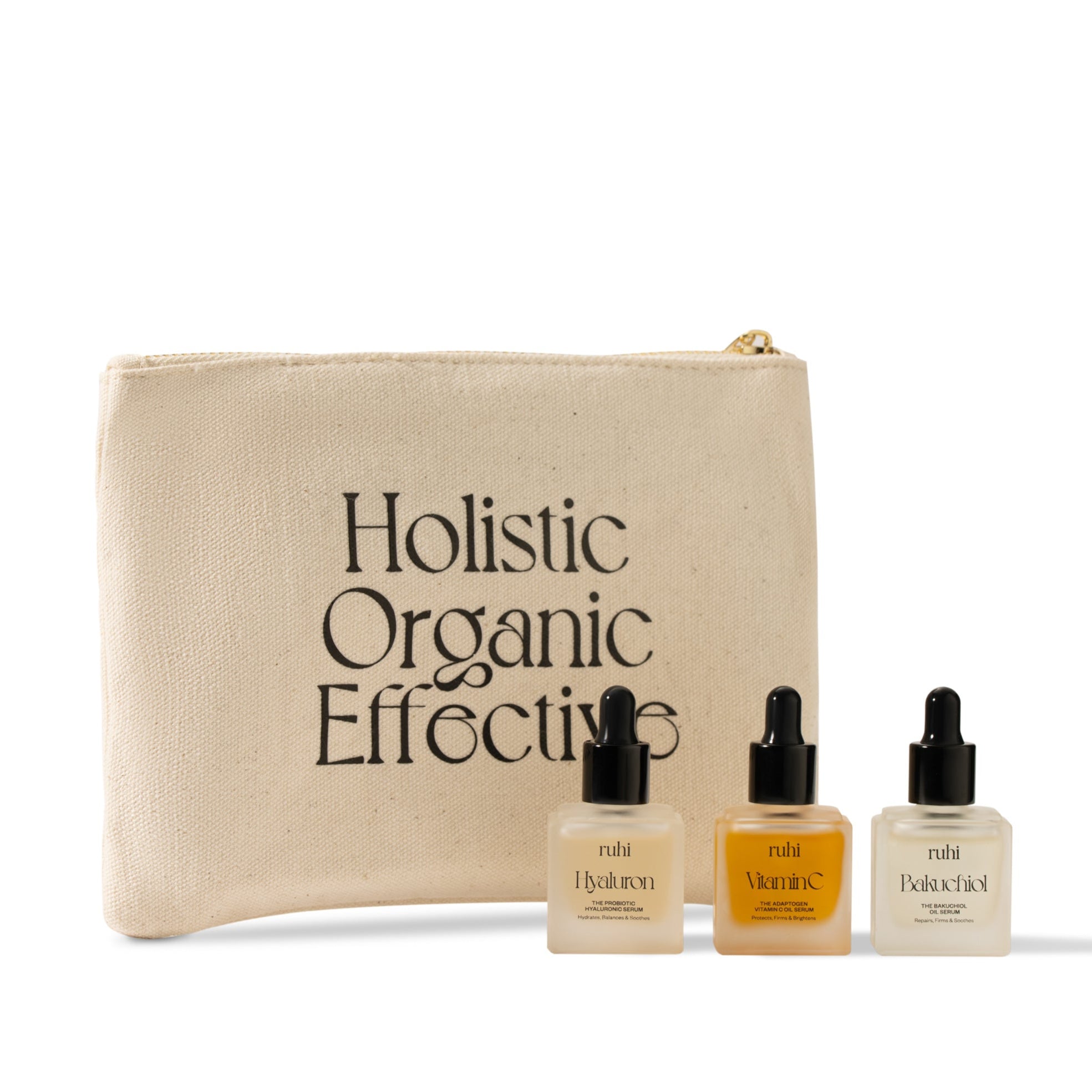 ruhi Serums Set – Adaptogen, Probiotic, Bakuchiol, 3×10 ml